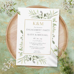 Elegant Gold Monogram Greenery Engagement Party Invitation