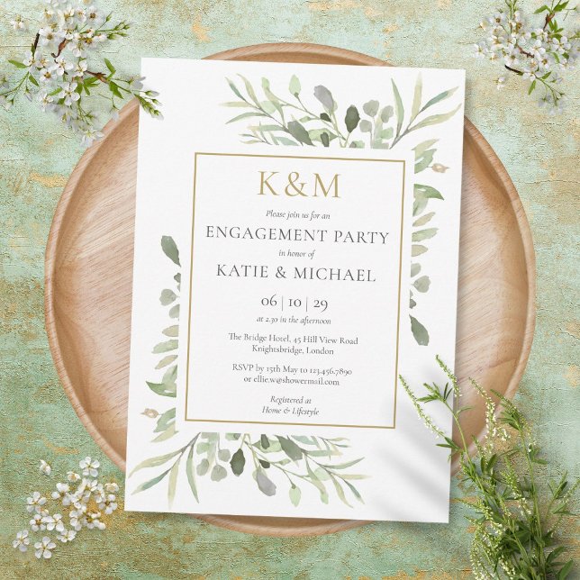 Elegant Gold Monogram Greenery Engagement Party Invitation (Creator Uploaded)