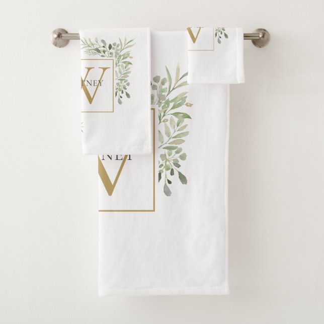 Elegant Gold Monogram Greenery Floral Bath Towel Set (Insitu)