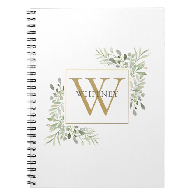Elegant Gold Monogram Greenery Foliage Notebook (Front)