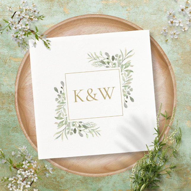 Elegant Gold Monogram Greenery Foliage Wedding Napkin (Creator Uploaded)