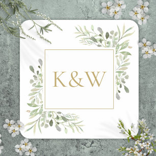 Elegant Gold Monogram Greenery Foliage Wedding Square Sticker