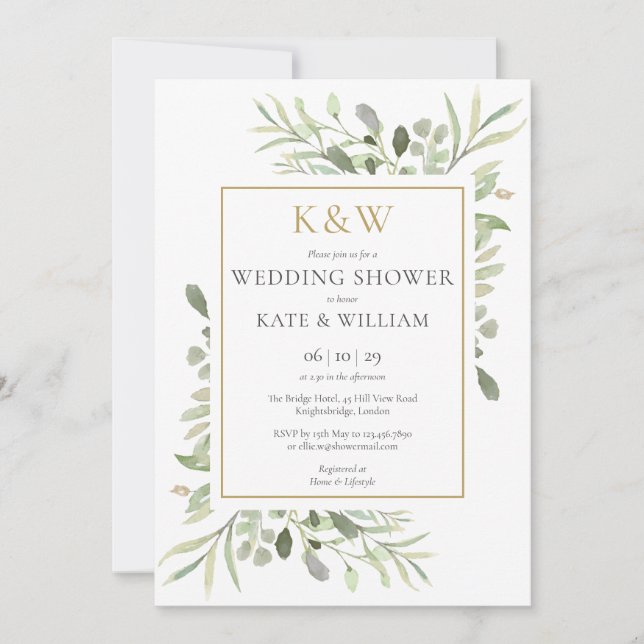 Elegant Gold Monogram Greenery Wedding Shower Invitation (Front)