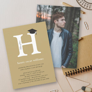 Elegant Gold Monogram 'H' Senior Graduation Cap Invitation