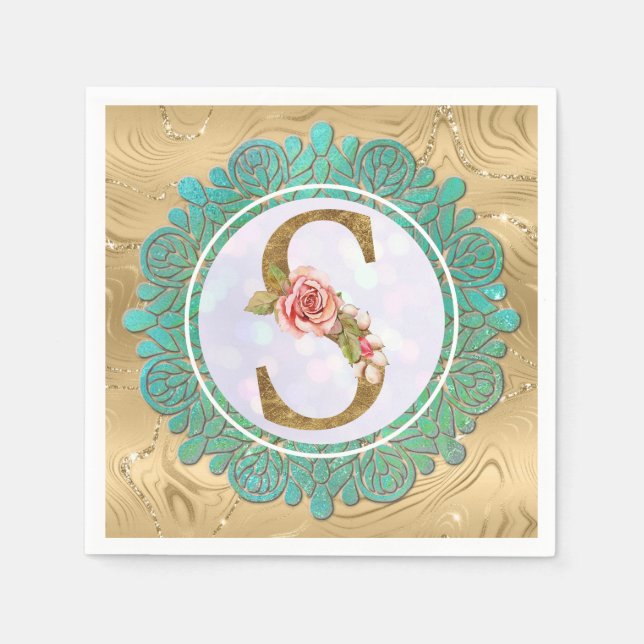 Elegant Gold Monogram Initial Letters with Mandala Napkin (Front)