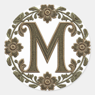 Elegant Gold Monogram M Embroidered Classic Round Sticker