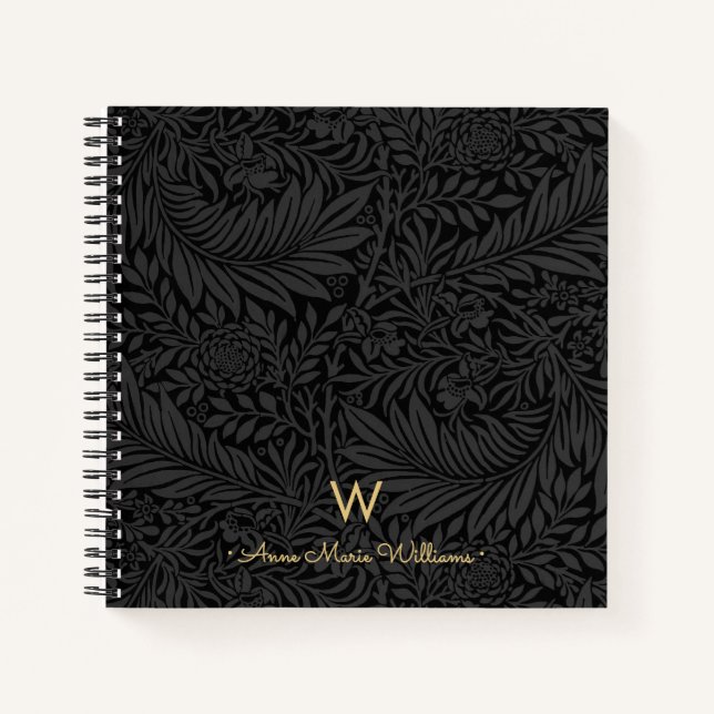 Elegant Gold Monogram Name Black Floral Pattern Notebook (Front)