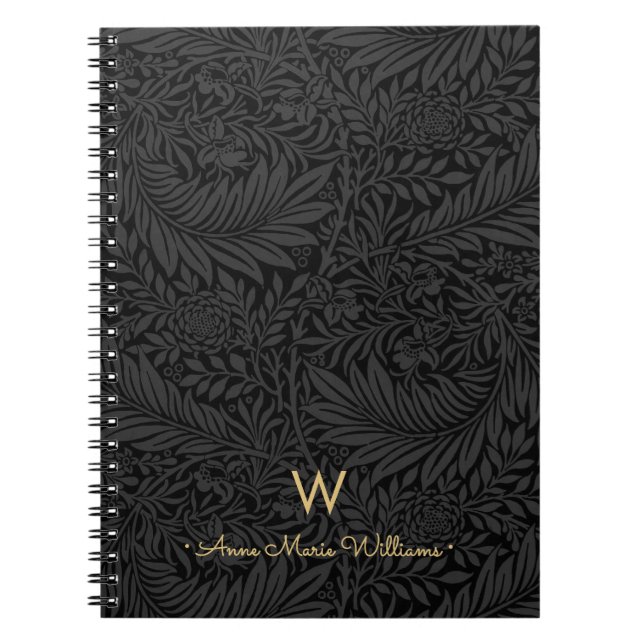 Elegant Gold Monogram Name Black Floral Pattern Notebook (Front)