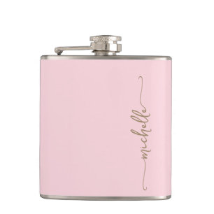 Elegant Gold Monogram Name Script Blush Pink Hip Flask