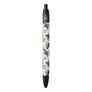 Elegant Gold Monogram Navy Blue Floral Pattern Black Ink Pen