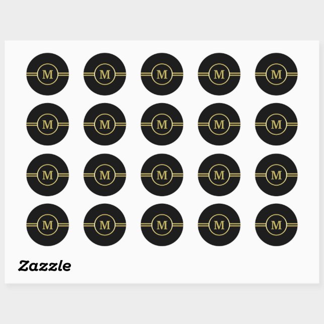 Elegant gold Monogram on black  Classic Round Sticker (Sheet)