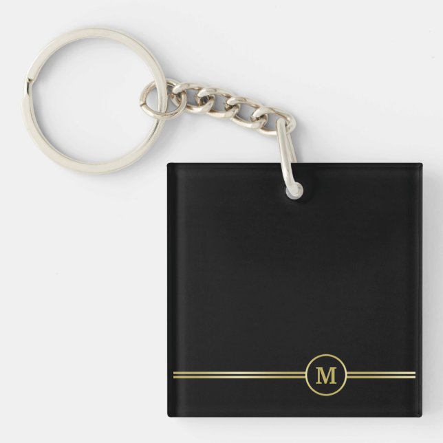 Elegant gold Monogram on black  Key Ring (Front)