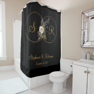 Elegant Gold Monogram On Black Wedding Gift Shower Curtain