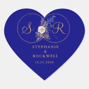 Elegant Gold Monogram On Navy Blue Wedding Heart Sticker