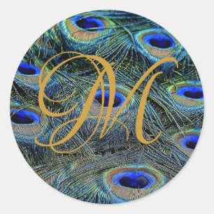 Elegant Gold Monogram On Peacock Feathers Classic Round Sticker
