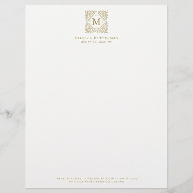 Elegant Gold Monogram Ornamental Frame Letterhead Design (Front)