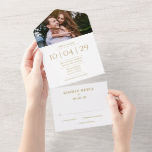 Elegant Gold Monogram Photo Wedding Date All In One Invitation