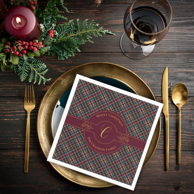 Elegant Gold Monogram Plaid Christmas Holiday  Napkin (Elegant Gold Monogram Holly and Berries and Rich Dark Plaid Christmas Holiday Paper Napkins)