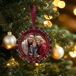 Elegant Gold Monogram Plaid - Cranberry Blue Teal  Ceramic Tree Decoration
