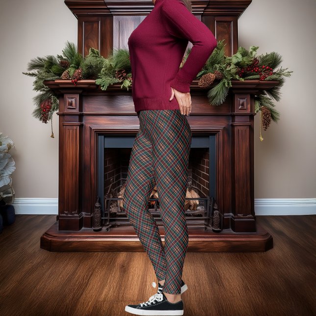 Elegant Gold Monogram Plaid - Cranberry Blue Teal  Leggings (Elegant Rich Dark Plaid Fall Winter Holiday Pattern Leggings - Cranberry, Dark Blue, Dark Teal )