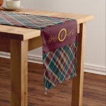 Elegant Gold Monogram Plaid - Cranberry Blue Teal  Long Table Runner<br><div class="desc">Elegant yet rustic plaid pattern in deep cranberry red,  dark teal green,  and dark navy blue with faux gold threads.  Gold tone holly and berries motif with centre double circles to enclose your monogram initial.  Perfect for gifting for holiday and winter occasions.</div>