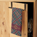 Elegant Gold Monogram Plaid - Cranberry Blue Teal  Tea Towel<br><div class="desc">Elegant yet rustic plaid pattern in deep cranberry red,  dark teal green,  and dark navy blue with faux gold threads.  Gold tone holly and berries motif with centre double circles to enclose your monogram initial.  Perfect for gifting for holiday and winter occasions.</div>