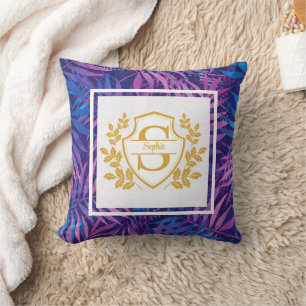 Elegant Gold Monogram Royal Crest Purple Tropical Cushion