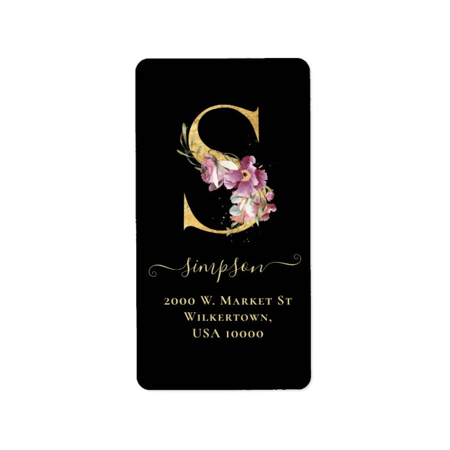 Elegant Gold Monogram S Floral Address Label (Front)