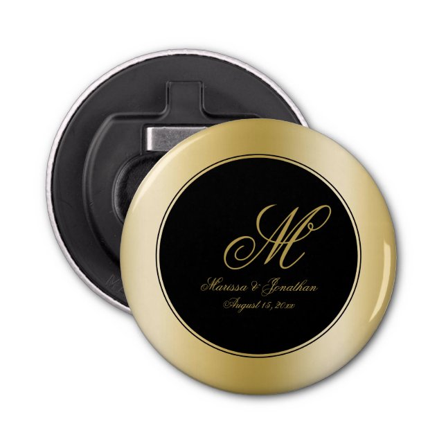 Elegant Gold Monogram Script Black Wedding Bottle Opener (Front)