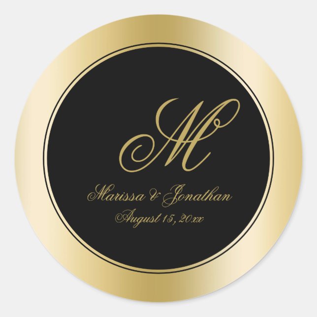 Elegant Gold Monogram Script Black Wedding Classic Round Sticker (Front)