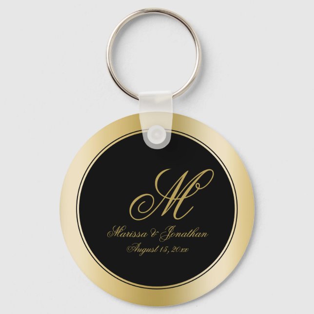 Elegant Gold Monogram Script Black Wedding Key Ring (Front)