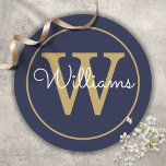 Elegant Gold Monogram Script Name Navy Blue Classic Round Sticker<br><div class="desc">Classic navy blue and black monogram sticker. You can personalise the name,  monogram and customise the font. Designed by Thisisnotme©</div>
