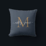 Elegant Gold Monogram Script Names Wedding Blue Cushion<br><div class="desc">Chic monogrammed keepsake pillow with your names and monogram in ivory elegant handwritten script calligraphy and gold modern typography on a dark blue background. Simply add your names and monogram. Exclusively designed for you by Happy Dolphin Studio. If you need any help or matching products, please contact us at happydolphinstudio@outlook.com....</div>