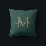 Elegant Gold Monogram Script Names Wedding Green Cushion<br><div class="desc">Chic monogrammed keepsake pillow with your names and monogram in white elegant handwritten script calligraphy and gold modern typography on a dark green background. Simply add your names and monogram. Exclusively designed for you by Happy Dolphin Studio. If you need any help or matching products, please contact us at happydolphinstudio@outlook.com....</div>
