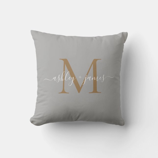 Elegant Gold Monogram Script Names Wedding Grey Cushion (Front)