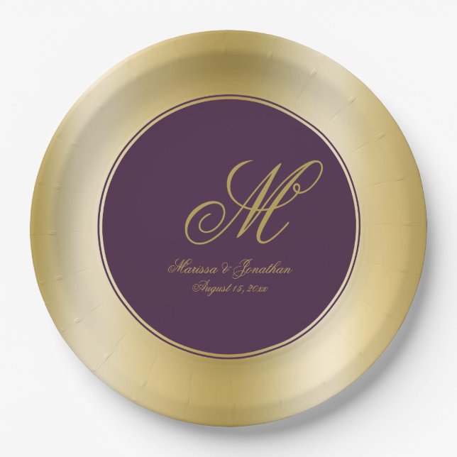 Elegant Gold Monogram Script Plum Purple Wedding Paper Plate (Front)