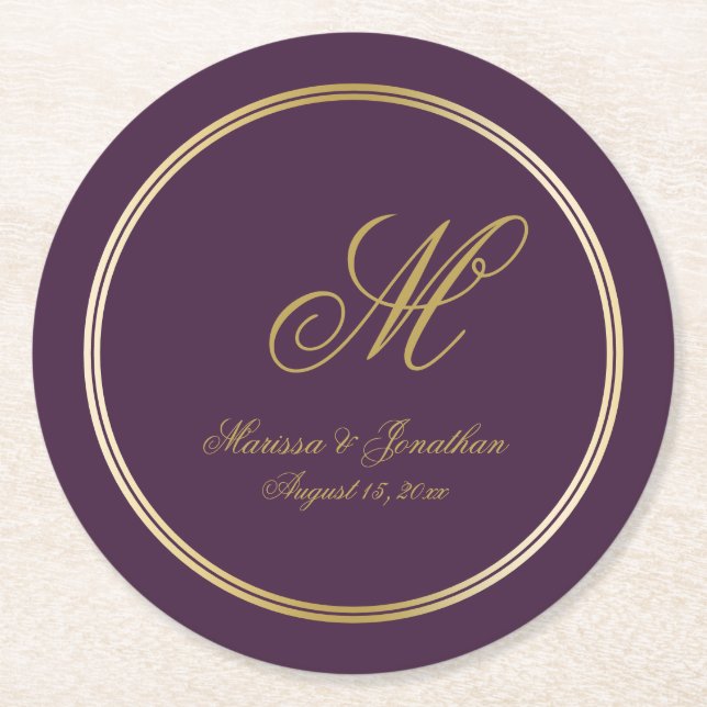Elegant Gold Monogram Script Plum Purple Wedding Round Paper Coaster (Front)