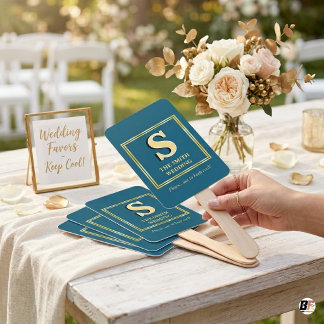 Elegant Gold Monogram Teal Blue Wedding Favor Hand Fan