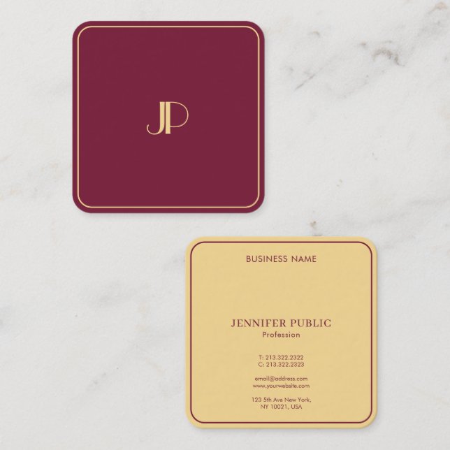 Elegant Gold Monogram Template Luxury Bordeaux Square Business Card (Front/Back)