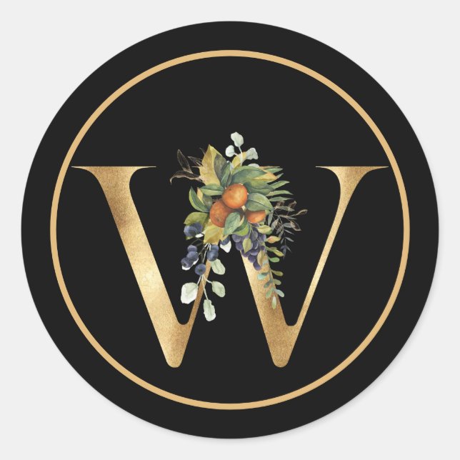 ELEGANT Gold MONOGRAM W with FRUIT AND FLOWERS Classic Round Sticker (Front)
