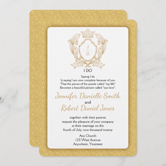 Elegant Gold Monogram Wedding Invitation (Front/Back)
