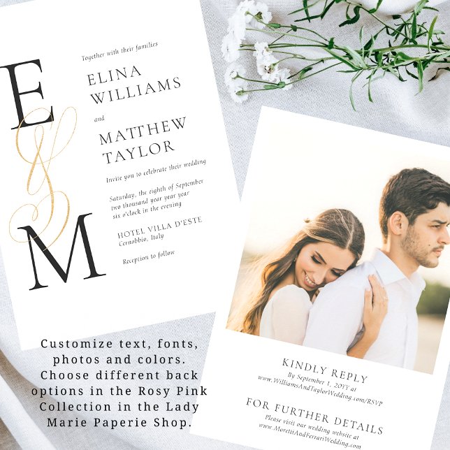 Elegant Gold Monogram Wedding Invite with RSVP (Creator Uploaded)