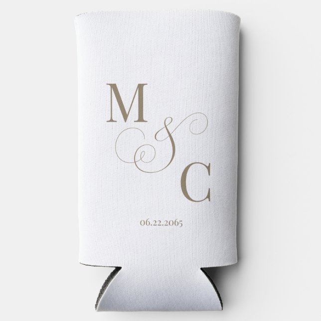 Elegant Gold Monogram White Wedding Seltzer Can Cooler (Front)