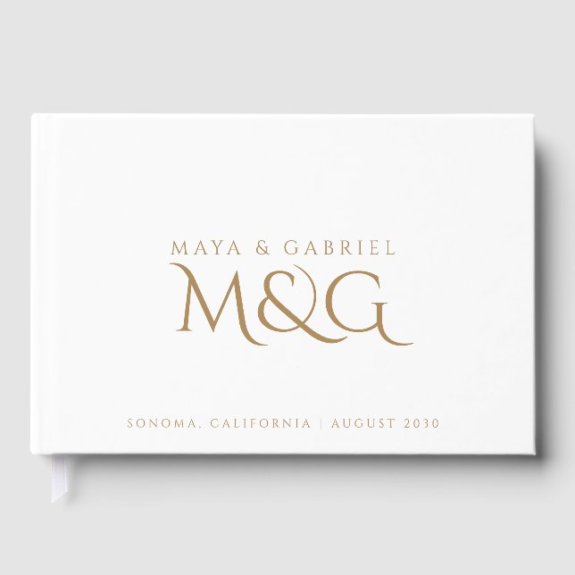 Elegant Gold Monogram White Wedding Sign In Guest Book (Front)