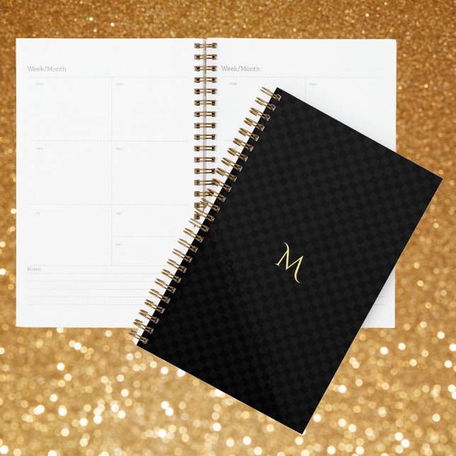 Elegant Gold Monogrammed Black Chequered Yearly Planner (Elegant Gold Monogrammed Black Checkered Yearly Planner)