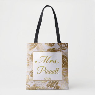 Elegant Gold Monstera Mrs. Personalised Bridal Tote Bag