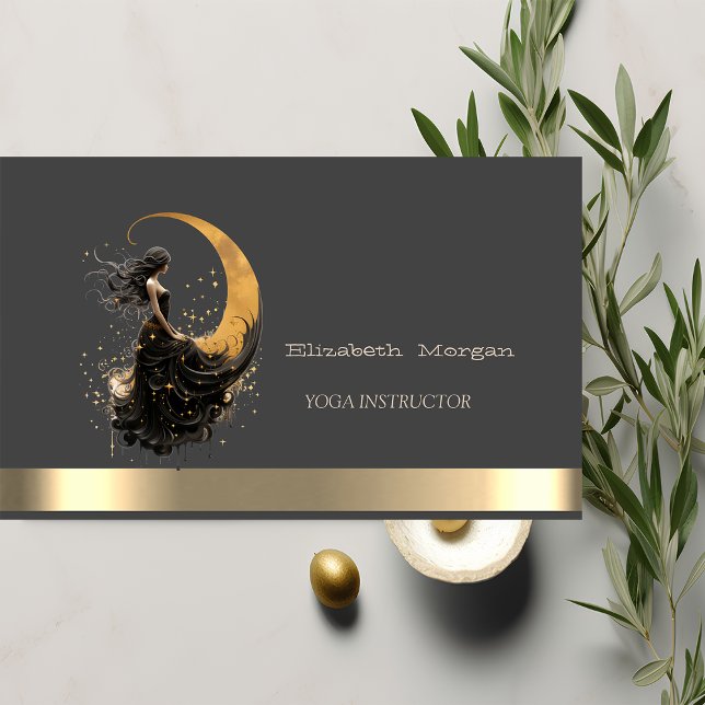 Elegant Gold Moon Girl Yoga Instructor Business Business Card (Creator Uploaded)