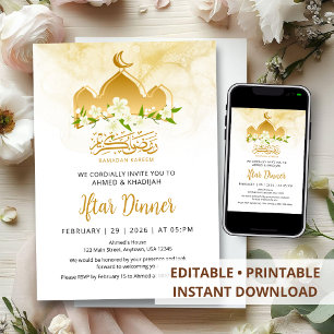 Elegant Gold Mosque Floral Ramadan Iftar Dinner Invitation