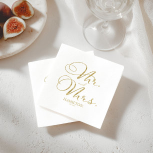 Elegant Gold Mr and Mrs Wedding Cocktail Napkins