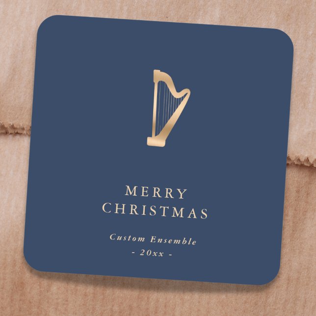 Elegant Gold Music Harp Christmas Blue Square Sticker (Creator Uploaded)